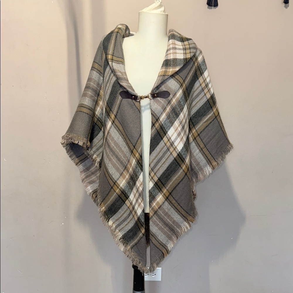 Plaid Poncho Coat - Gray and Tan